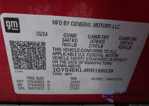 2024 Cadillac Escalade 4Wd Sport z USA, uszkodzony, nr VIN 1GYS4EKL4RR166039